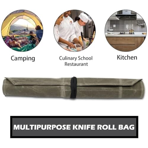 Knife Roll Bag, Portable 7 Slots Waxed Canvas Knife Bags, Cutlery Tool Roll Case Bag for Camping Hold Home Kitchen Tools, Easy Carry with Wrapping Strap, Superior Gift for Cooking Chef(COLOR:green) — view 5