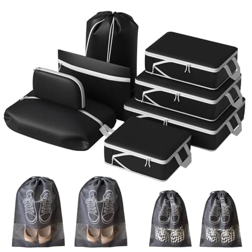 12 Pack Compression Packing Cubes, Expandable & Ultralight Travel Organizers, Waterproof Luggage Packing Set for Carry-On, Suitcase, Backpack (Black)