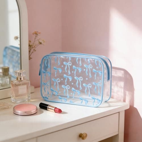 Clear Makeup Bag for Women Girls,Clear Travel Toiletries Bag Blue Bow Cosmetic Bag Travel Toiletry Bag,Waterproof Travel Makeup Bag Travel Wash Bag for Travelling Cosmetics Birthday Gifts (Blue) — view 3