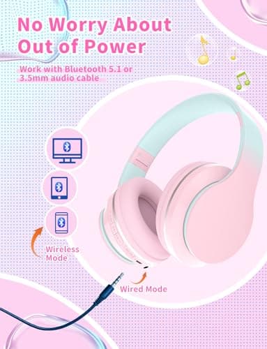 Bluetooth Kids Headphones,Wireless Kids Headphones Over Ear with Microphones,Stereo Sound ,10H Playtime,Foldable&Adjustable Children Headphones,Bluetooth 5.1 Headset for Adults School Travel (Pink) — view 2