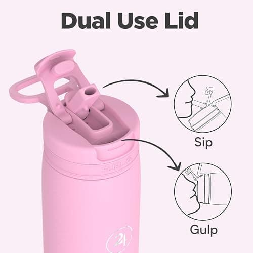 Fuel24 Duo - Stainless Steel Water Bottle 700ml or 1L - Vacuum Insulated Metal Flask with Straw (Dual use Lid) 1 Litre - for Sports, Gym, Work – Slim Design (Blush, 700 ml) — view 2