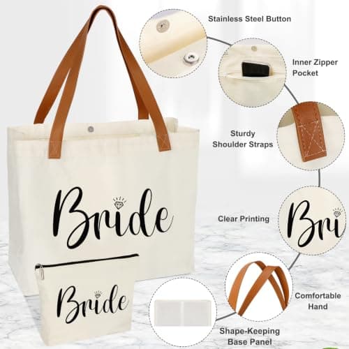 Bride Gifts Canvas Tote Bag with Makeup Bag,Bride to Be,Bridal Shower Gift — view 3