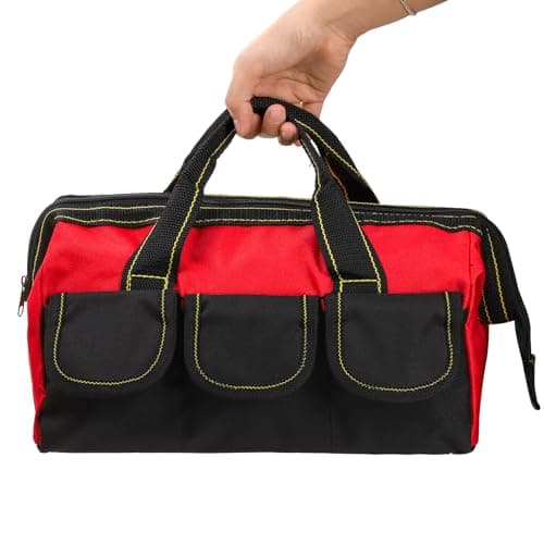 Mezchi 3 Pack 12"/ 30cm 5 Pockets Tool Bag, Wide Mouth Tool Tote Bags with Waterproof Base, Heavy Duty Tool Storage Bag Organizer for Home Repairs, Various Tools, Blue, Yellow, Red — view 4
