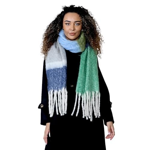 Daisy Dreamer Women Chunky Knit Bright Blanket Scarf Long Plaid Wrap Winter Warm Check Scarves Shawls with Tassel Gift for Ladies, Green/Blue Stripe