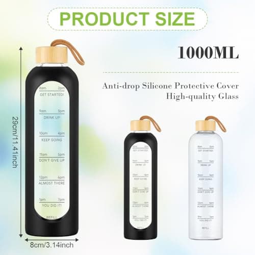 AOOWU Glass Water Bottle with Time Marker, 1000ml Leak-proof Sports Glass Water Bottle with Bamboo Lid, Sports Drinking Bottle, Reusable Silicone Case Glass Drinking Bottle, Motivational Water Bottle — view 2
