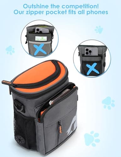 Gobeigo 8 Cup Dog Treat Pouch and Training Clicker, Dog Walking Bag with Phone Holder, Built-in Poop Bag Dispenser, 3 Ways Wearable Pet Fanny Pack for Outdoor Travel(Gray & Black) (Gray/Orange) — view 4