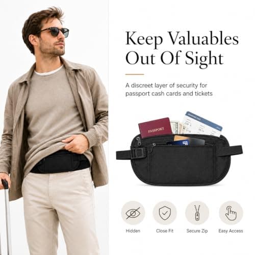 Travel Money Belt, Slim Black Passport Pouch, 2 Zip Compartments, 1-Piece — view 6