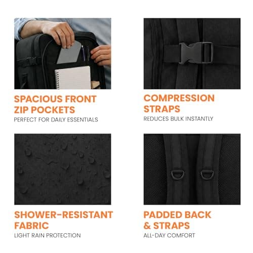 Bordlite EasyJet Cabin Backpack 45x36x20cm Black – Underseat Cabin Bag for Ryanair, Wizz Air & 30+ Airlines, Lightweight Carry On Travel Backpack with Compression Straps & Laptop Storage — view 3