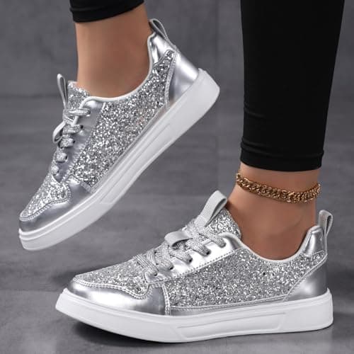 Momolaa New UK 6 Glitter Sparkly Fashion Sneakers Women Low Top Sequins Lace Up Tennis Shoes Comfort Bling Fashion Shiny Walking Shoes Wedding Bridal Shoe Gift Footwear Silver — view 2