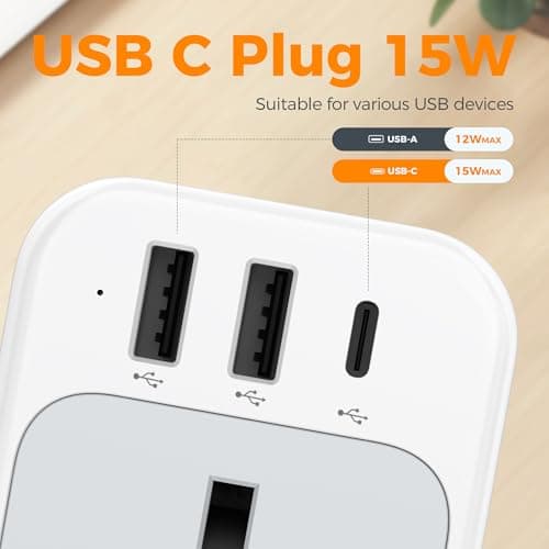 TESSAN USB C Plug Adapter UK, Plug Extension Socket with 3 USB Ports — view 3