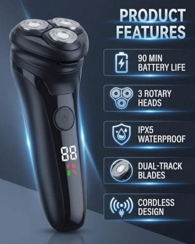 Men’s Electric Shaver, USB Rechargeable Cordless Razor with LED Display, Dual-Track Blades, IPX5 Waterproof Wet & Dry Use, Pop-Up Trimmer & Travel Lock, 90-Min Runtime Grooming Kit Gift for Men — view 2