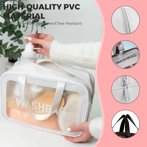 Woobroo Clear Travel Toiletries Bag for Women, 3 Pack Toiletry Bags with Zippers Travel Essentials PVC Waterproof Cosmetic Clear Wash Bag for Girls, White — view 3