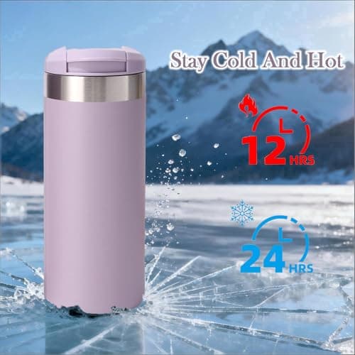 Insulated Travel Mug 350ml, Leakproof Stainless Steel Thermal Cup with Flip Lid - Keeps Hot 8 Hours/Cold 12 Hours, Vacuum Flask for Car, Office, Gym, Camping (Purple) — view 5