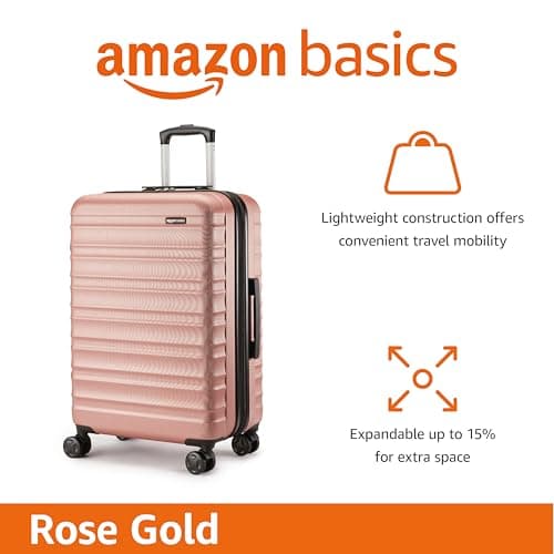Amazon Basics Hard Shell Medium Suitcase - Expandable ABS Travel Luggage with 4 Double Spinner Wheels - Scratch Resistant and Lightweight Construction - 68 x 45.1 x 28.6cm - Rose Gold — view 2