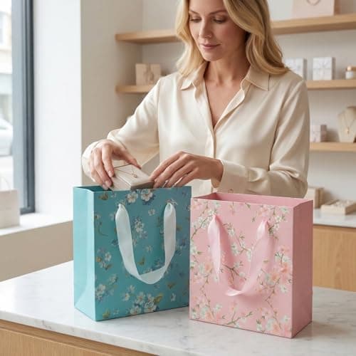 Novocloud 2Pcs Gift Bag, Luxury Small Gift Bags for Presents, Floral Print Birthday Bag, 14 x 7 x 15 cms, Small Bags for Gifts for Birthdays & Celebrations & Other Occasions for Her (Blue & Pink) — view 3