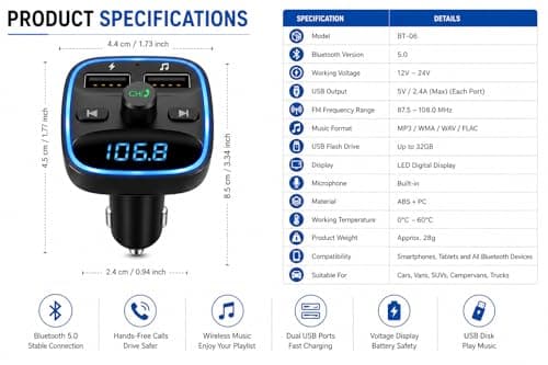 FM Bluetooth Car Adapter with Dual USB Fast Charger, Hands-Free Calling, MP3 Player & Voltage Display for Cars & Campervans — view 6