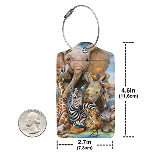 Safari Animals Print Leather Luggage Tags with Stainless Steel Loop Privacy Cover Cute Suitcase Tags for Women Men Travel Bag Suitcase — view 5
