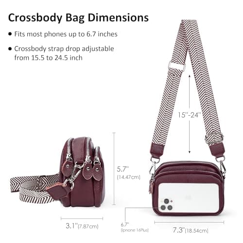 befen Red Genuine Leather Cross Body Bags for Women Small Shoulder Bags Triple Camera Bag for Women Cell Phone Bag with Wide Adjustable Strap — view 4