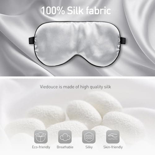 Viedouce Sleep Eye Mask,100% Natural Silk Eye Mask for Sleeping,Eye Blinder with Adjustable Strap and Ear Plug,Light-Blackout Design,Soft Sleep Mask for Women,Men and Kids(Silver) — view 3