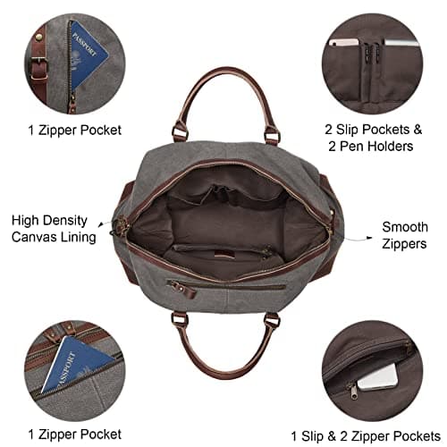 S-ZONE Mens Canvas Leather Holdall Travel Duffle Overnight Weekend Satchel Totes Bag Handbags (Grey (Big Size: 54 x 23 x 42CM)) — view 5