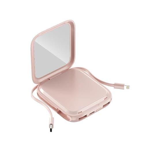10000mAh 22.5W PD Fast-Charge Mirror Power Bank with Built-In Cables, Compact Portable Charger with Makeup Mirror for Mobile Phones & Devices with 8-Pin & Type-C Ports – Pale Pink