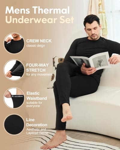 CL convallaria Men's Thermal Underwear Set Ultra Soft Fleece Lined Long Johns Winter Gear Base Layer Top and Bottom Set Sport Style Black — view 4