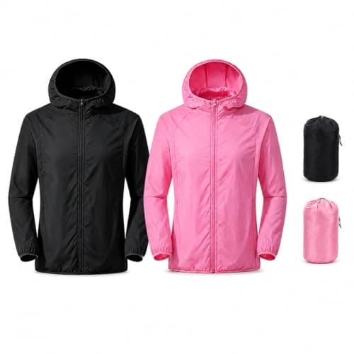 DOINEUFL 2 Pack Womens Lightweight Waterproof Jacket Ladies Rain Coats Packable Pac A Mac Windbreaker for Running Cycling Hiking (UK, Alpha, XL, Regular, Regular, Pink + Black)