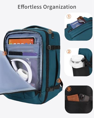 ECOHUB Ryanair Cabin Bag 40x20x25 Underseat Travel Bag 9 Pockets Hand Luggage Backpack Recycled PET Eco Friendly Rucksack for Women & Men Carry on Bag with USB Port, 20L,Blue Green — view 4