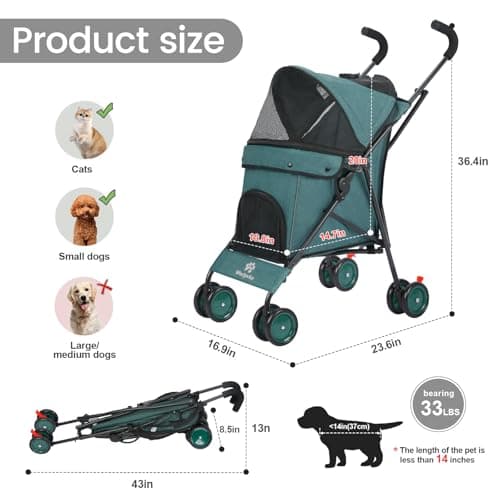 Umbrella Dog Strollers, Pet Pushchairs for Small/Medium Dogs and Cats, Puppy Stroller with Breathable Mesh, 4 Wheels with Universal Front Wheels, Lightweight Carts for Outdoor Travel (Dark Green) — view 3