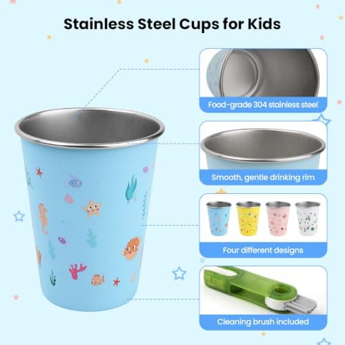 GEEKHOM Set of 4 Stainless Steel Cups for Kids, 350ml Reusable Children’s Metal Cups with Cleaning Brush, Tumblers with Fun Cartoon Prints, Perfect for Home School Camping Travel (4 Colors) — view 4