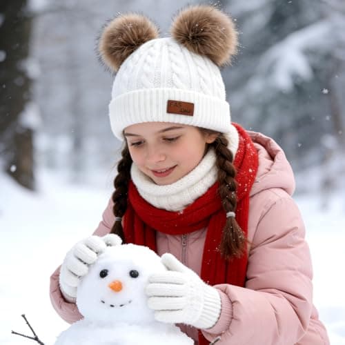 kids Hat Scarf Gloves Set, Knit Thick Warm Three-Piece Sets, Thermal Knitted Beanie Hat Snood Neck Warmer Mitten, Winter Warm Set Essential for Children （White） — view 5