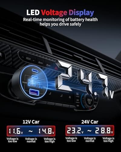 130W USB C Car Charger with Voltage Display, 3-Port Fast Cigarette Lighter — view 3