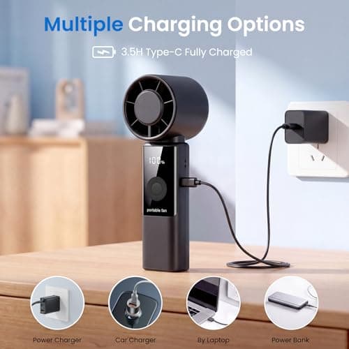 Phimke Portable Handheld Fan, High Speed Turbo Hand Held Fan with Speed (1-199) 4000mAh Battery Up to 16hrs, Rechargeable Mini Hand Fan with LED Display, Foldable Portable Fan for Home Outdoor (Black) — view 5