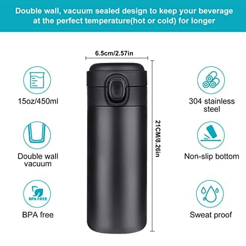 YINJAM 450ML Travel Mug Reusable Coffee Cup Insulated Thermal Mug Stainless Steel Leakproof Flask Tumbler for Hot Cold Drinks (Black) — view 6