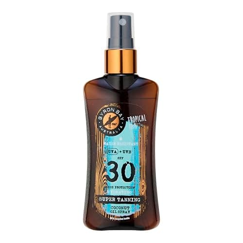 Byron Bay Australia Super Tanning Oil SPF 30 Travel Size Fast Tan with Carrot Extract & Beta Carotene - UVA & UVB Protection with Vitamin E & Aloe Vera, Tropical Coconut Scent - 100ml