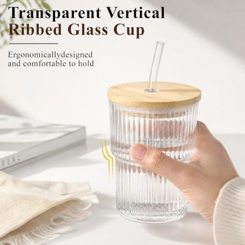 Tel Charme * 2 Pack 400ml Glass Tumbler with Wooden Lid & Straw — view 5
