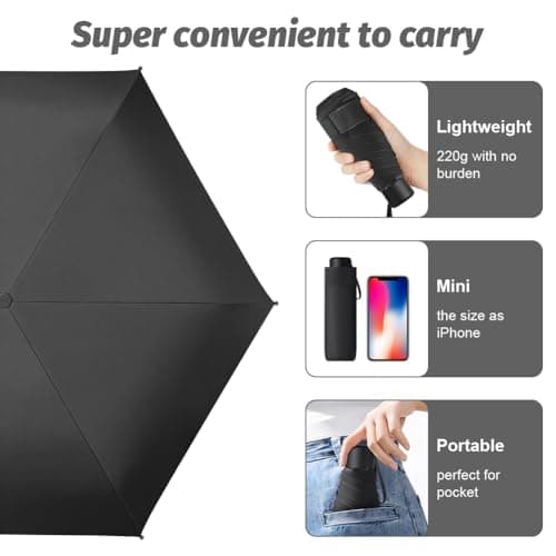 Vicloon Mini Travel Umbrella, Black Compact Folding Umbrella, Small Light-Weight Waterproof Umbrella, Rain and Sun Umbrella for Women Men and Kids（Black） — view 6