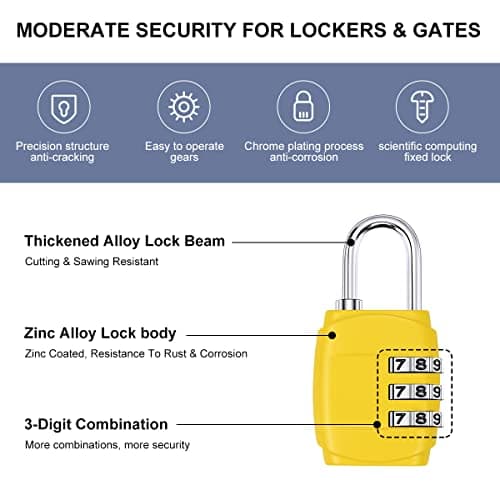 4 Pack Luggage Locks 3 Digit Combination Padlock Codes with Alloy Body for Suitcase Travel Bag Gym Shed Bike Locks - Black, Silver, Yellow, Purple — view 3