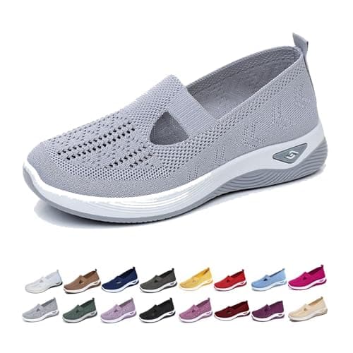 Slip On Trainers Women Wide Fit Ladies Breathable Mesh Walking Running Shoes Comfortable Arch Support Soft Sole Athletic Tennis Sneakers Non Slip Low Top Orthopedic Shoes for Women UK Summer Grey