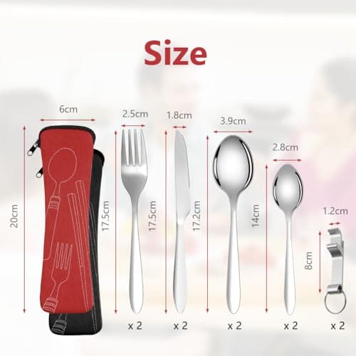 Vicloon 2 Set Travel Cutlery Set, Stainless Steel Flatware Camping Utensil with Neoprene Bag, Cutlery Set with Portable Pouch Case for for Outdoor Travel Picnic Office School Lunch Box (Black & Red) — view 2