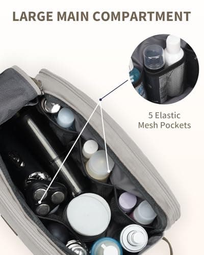 WANDF Toiletry Bag for Men Travel Wash Bag Toiletry Organizer Canvas and PU Leather Dopp Kit Water-Resistant Shaving Kit for Travel Accessories (Cream Beige, Patent Pending) — view 3