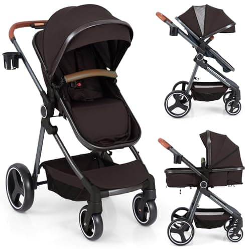 COSTWAY Baby Pushchair, Foldable Travel System Pram with Reversible Seat, Adjustable Canopy & Backrest, Storage Basket, Cup Holder, Aluminum Structure Stroller for 0-36 Months (Black)