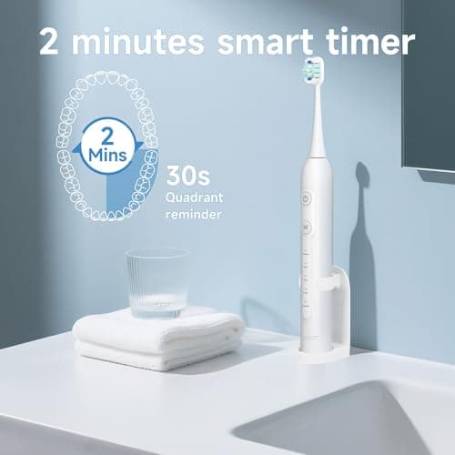 PERECT Electric Toothbrush for Adults, Rechargeable Sonic Toothbrush Travel-Ready Kit with Travel Case, 6 Replacement Brush Heads, 5 Modes 3 Intensities, 2-Minute Smart Timer, IPX7 Waterproof, White — view 5