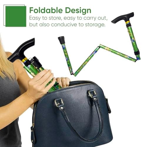 PLASTIFIC Walking Stick, Easy Adjustable Height Folding Extendable Walking Cane, Lightweight Flexible and Durable Walking Aid Mobility Aid Collapsible Walking Stick (Green Flower) — view 4