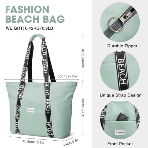 G4Free Beach Tote Bag Waterproof Sandproof Shoulder Bag Beach Bag Large Sports Bag Shopping Bag for Women, light green — view 5