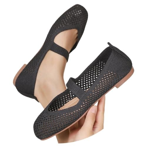 Cream Wedges - Women's Mary Jane Flat Shoes, Plain Round Toe Ballet Pumps with Knitted Mesh Upper, Low Heel Casual Comfort Walking Footwear for Work Office Travel Daily Wear Commute — view 2