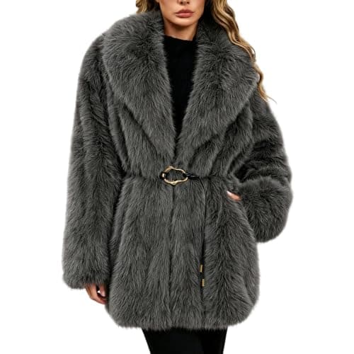 Dark Gray Womens Faux Fur Coat Lapel Belted Warm Winter Jacket XXL