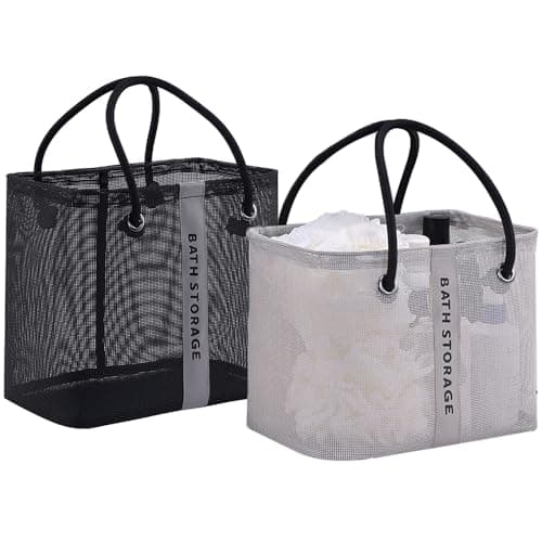 PIGIAOKA 2 Pack Mesh Shower Caddy Basket, Portable Shower Caddy Bag Cleaning Supply Storage Organizer with Handle for College Dorm Bathroom, Swimming, Gym, Beach, Travel (Black & White)
