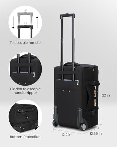 Ponhog 22 Inch Wheeled Duffle Bag - 41L Travel Holdall Bag with Wheels,Water Resistant for Overnight Trip Weekender, Black(H56 x L33 x H31cm) — view 4