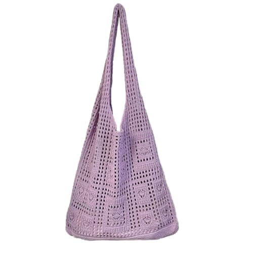 CHANXIUZAI Crochet Tote Bag, Mesh Beach Bag, Women's Knit Summer Hobo Bag, Vacation Boho Tote Bag, White (Purple)